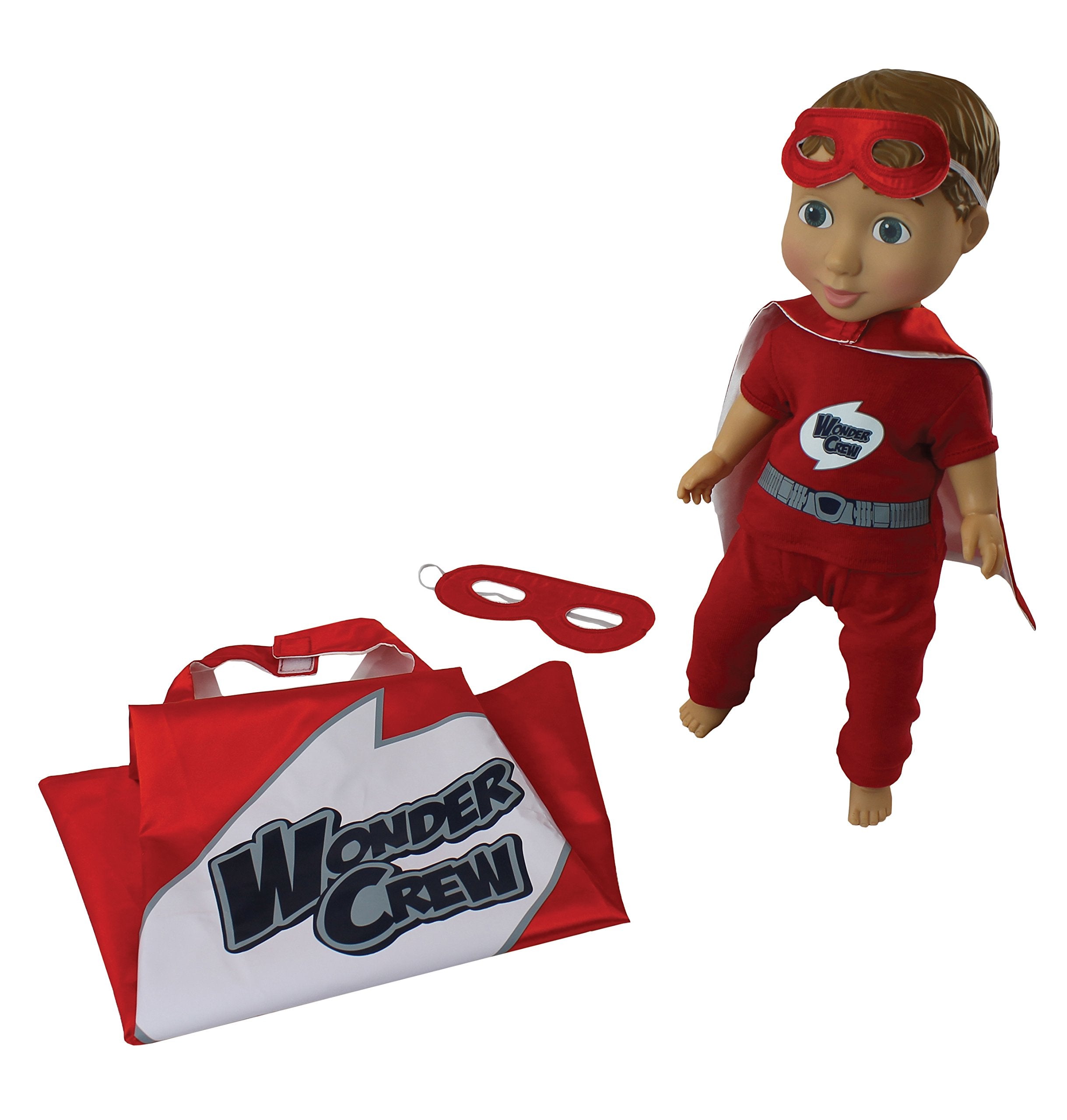 Child wears matching cape and mask for cooperative role-play and confidence.