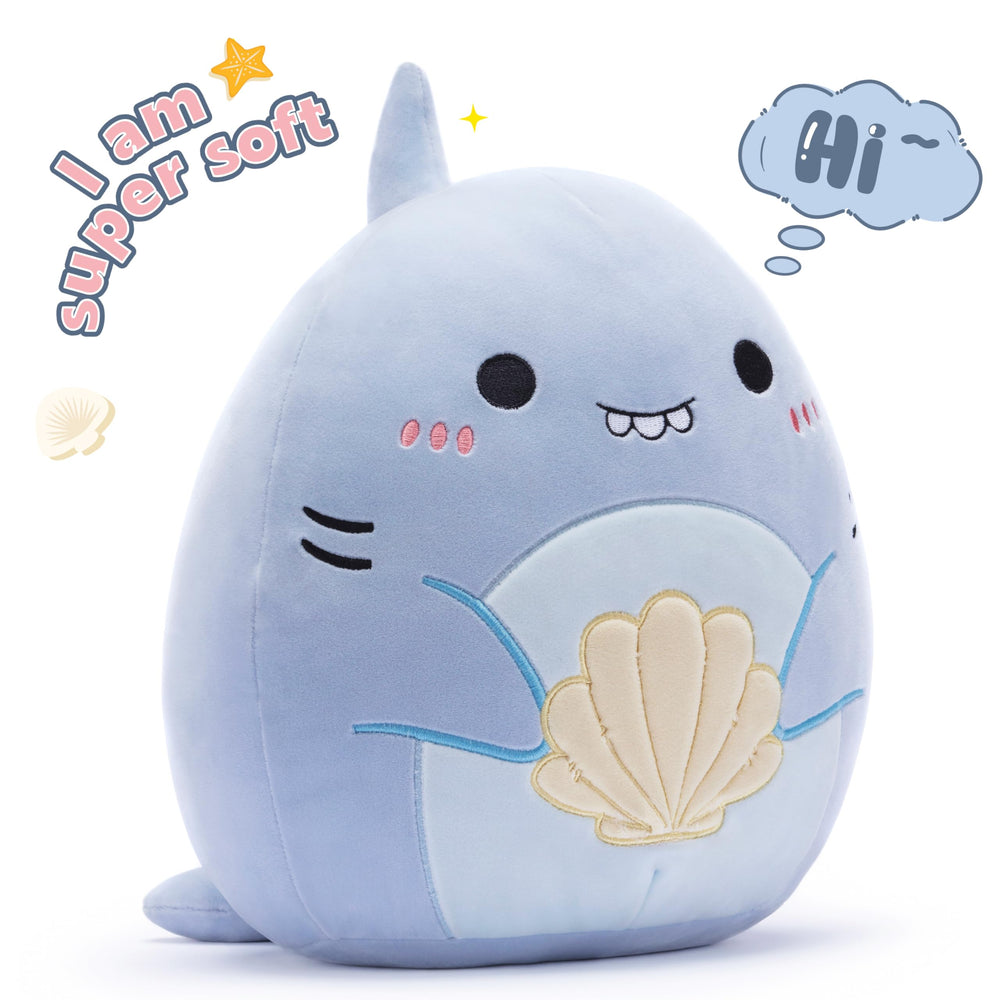 Playnics kawaii shark plush toy for snuggly comfort on couch or bed.