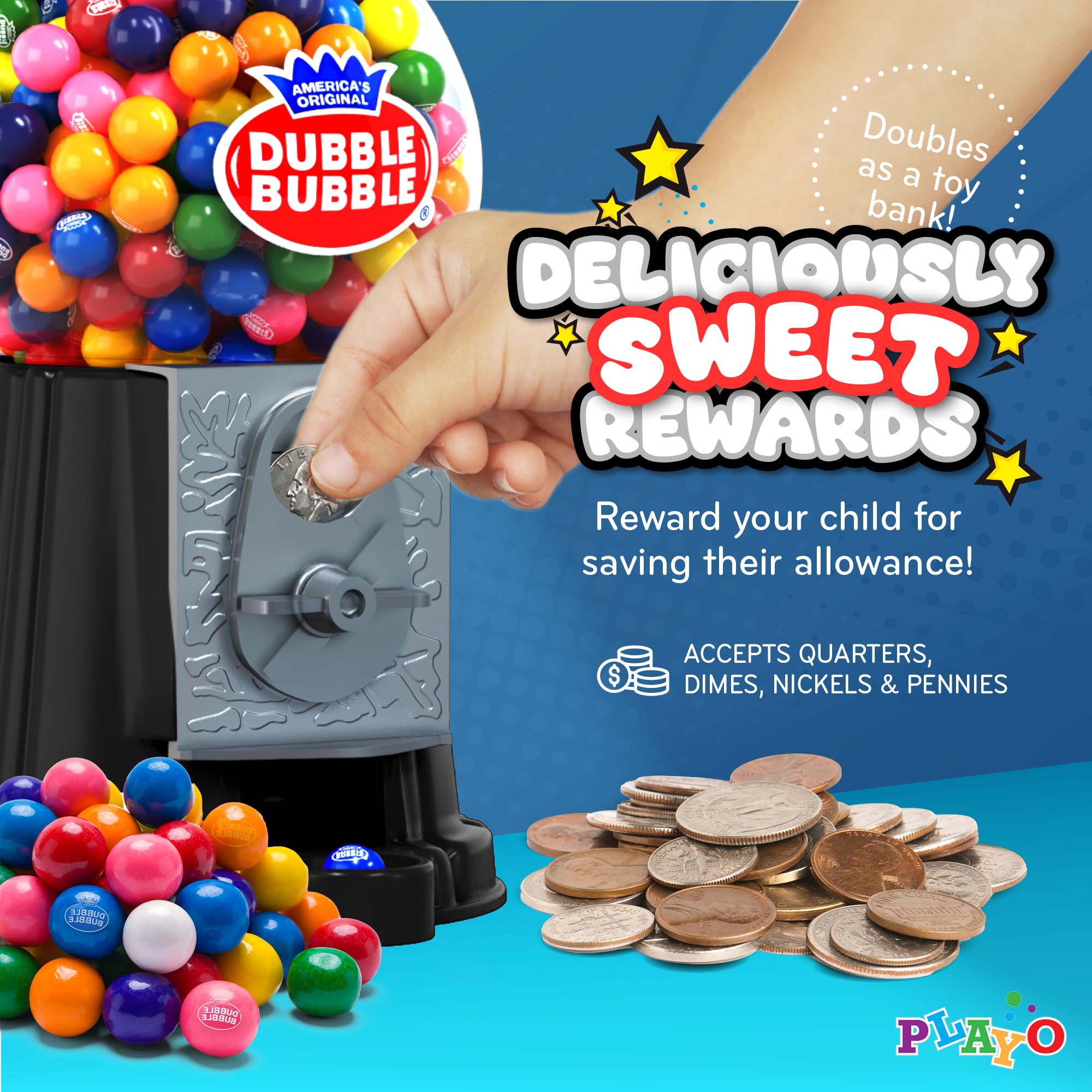 Coin slot and saving feature on Playo gumball machine demonstrates easy access for allowances.