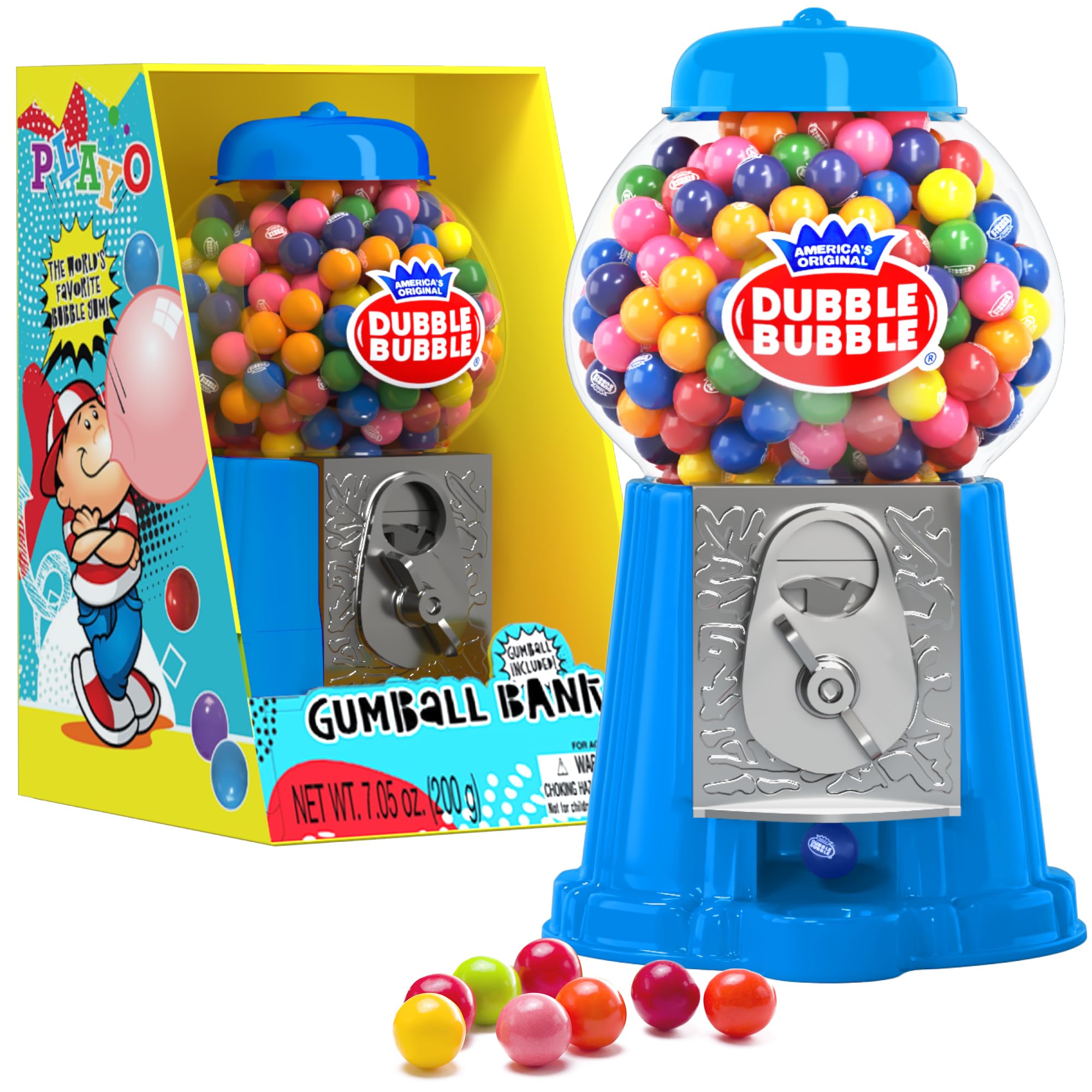 Playo 8.5-inch candy dispenser shown with vibrant gumballs