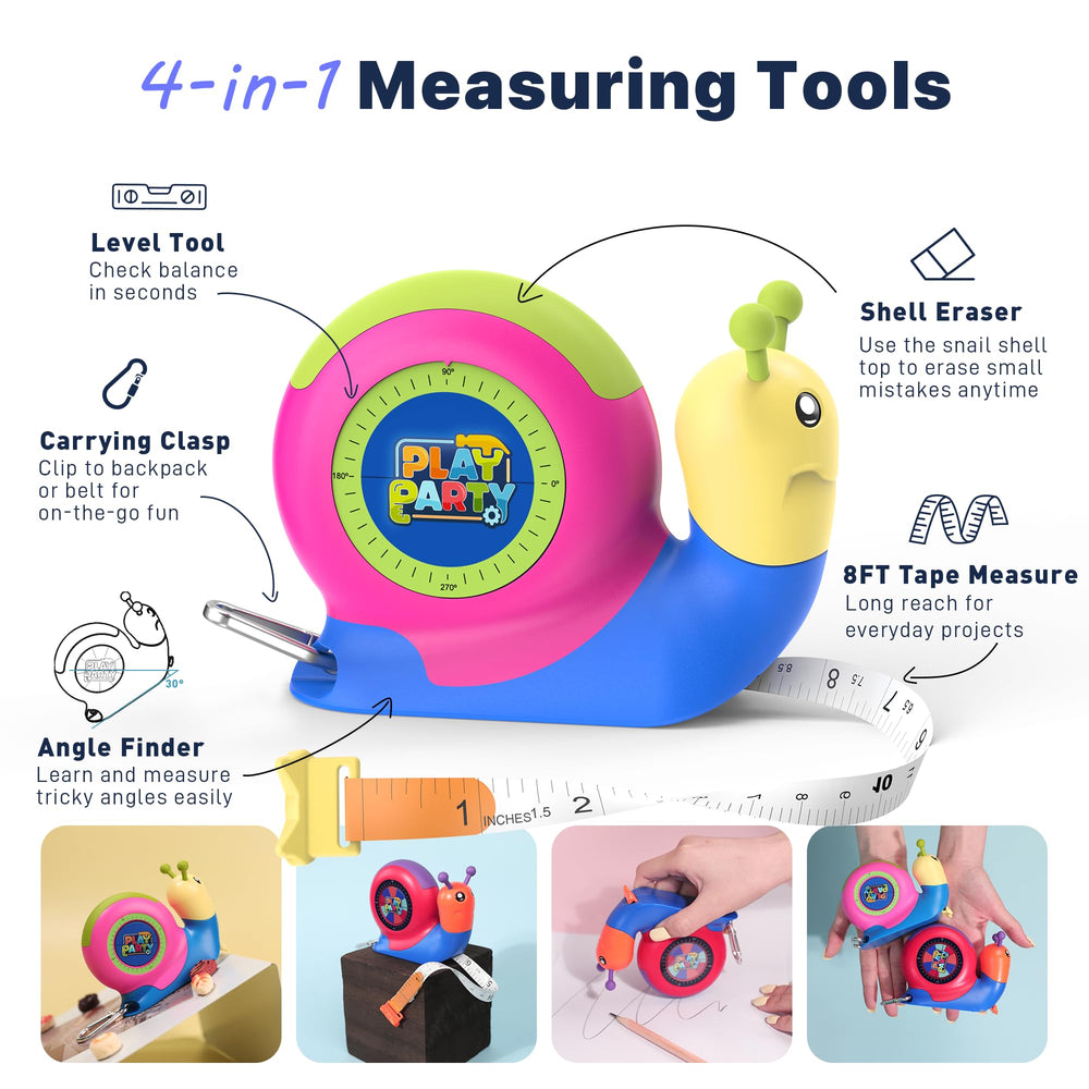 PLAYPARTY kids tape measure with built-in level for quick surface checks.