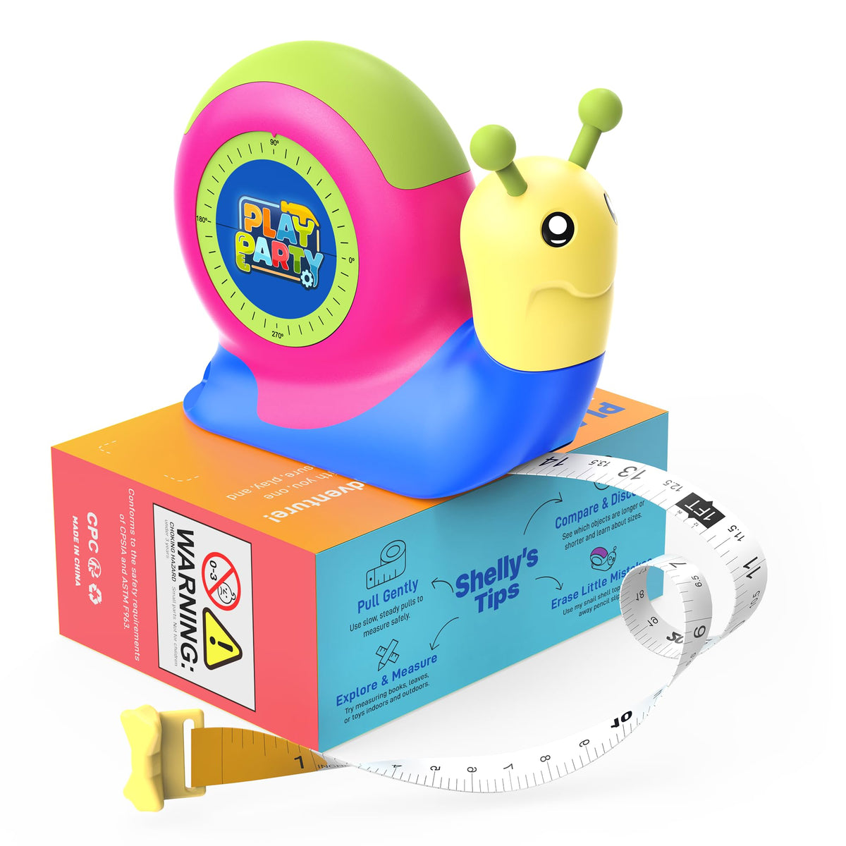 PlayParty retractable snail tape measure helps kids explore measurements safely