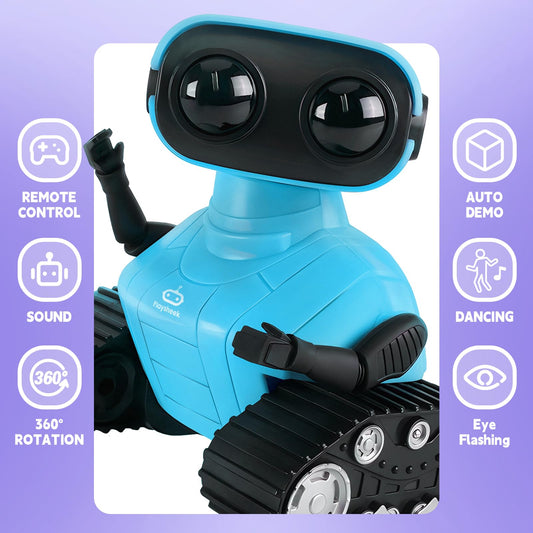 Playsheek Emo Robot with blue LED eyes for engaging light cues.