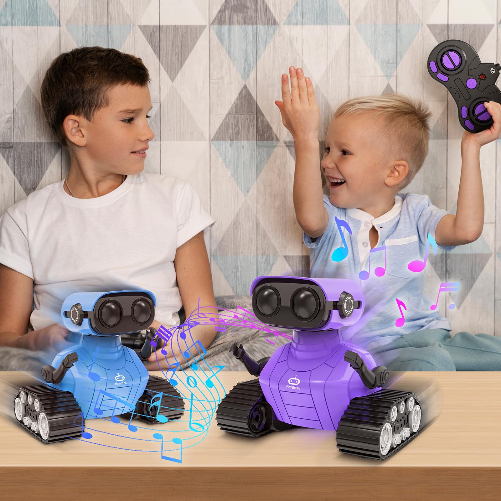 Playsheek Emo Robot plays built-in songs for sing-along moments.