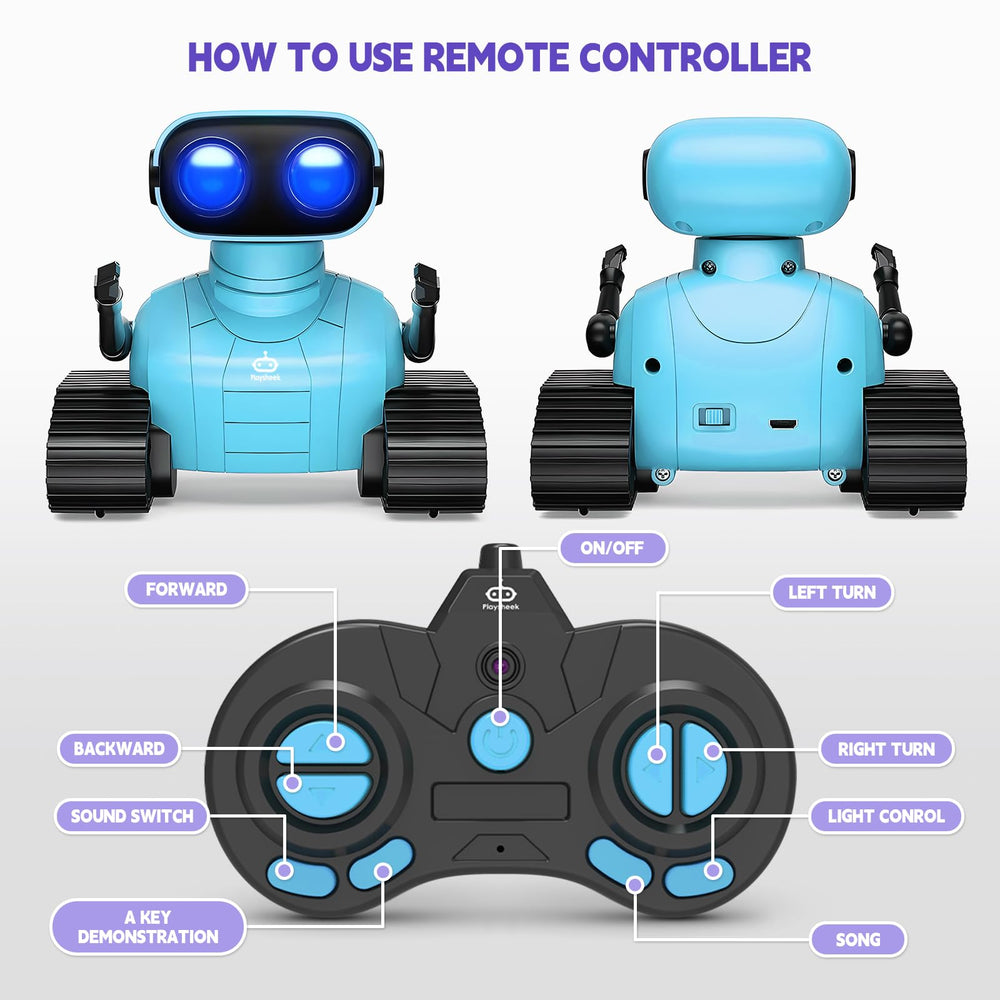 Playsheek robot toy blue being played by a child for imaginative fun.