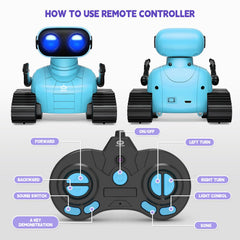 Playsheek robot toy blue being played by a child for imaginative fun.
