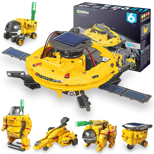 Playsheek solar robot kit on a table for land-building challenges.