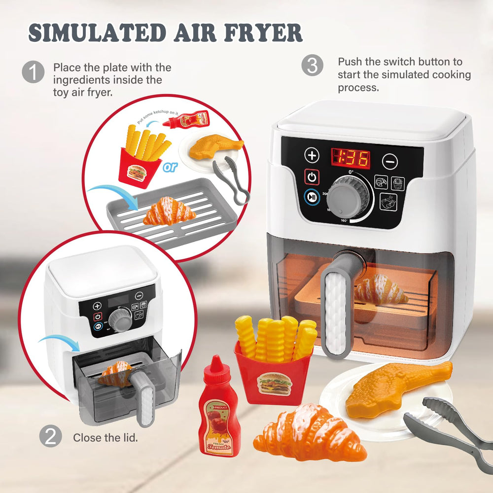 Playssnior Bojia air fryer toy includes a complete kitchen set for enhanced pretend cooking.