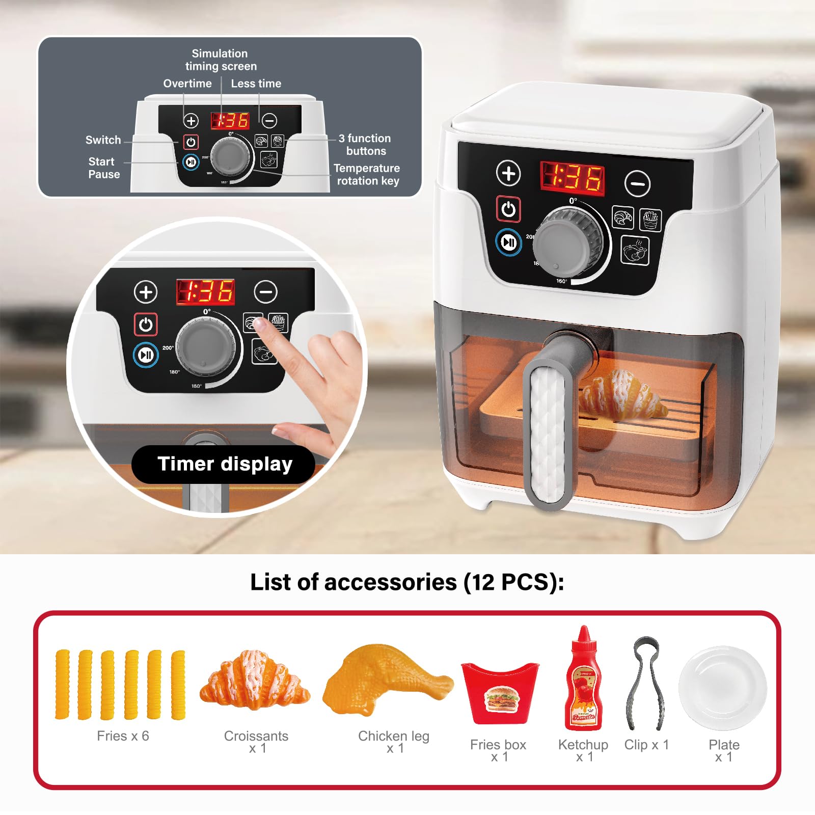 Playssnior Bojia air fryer toy shows lights and sounds for realism in pretend cooking.