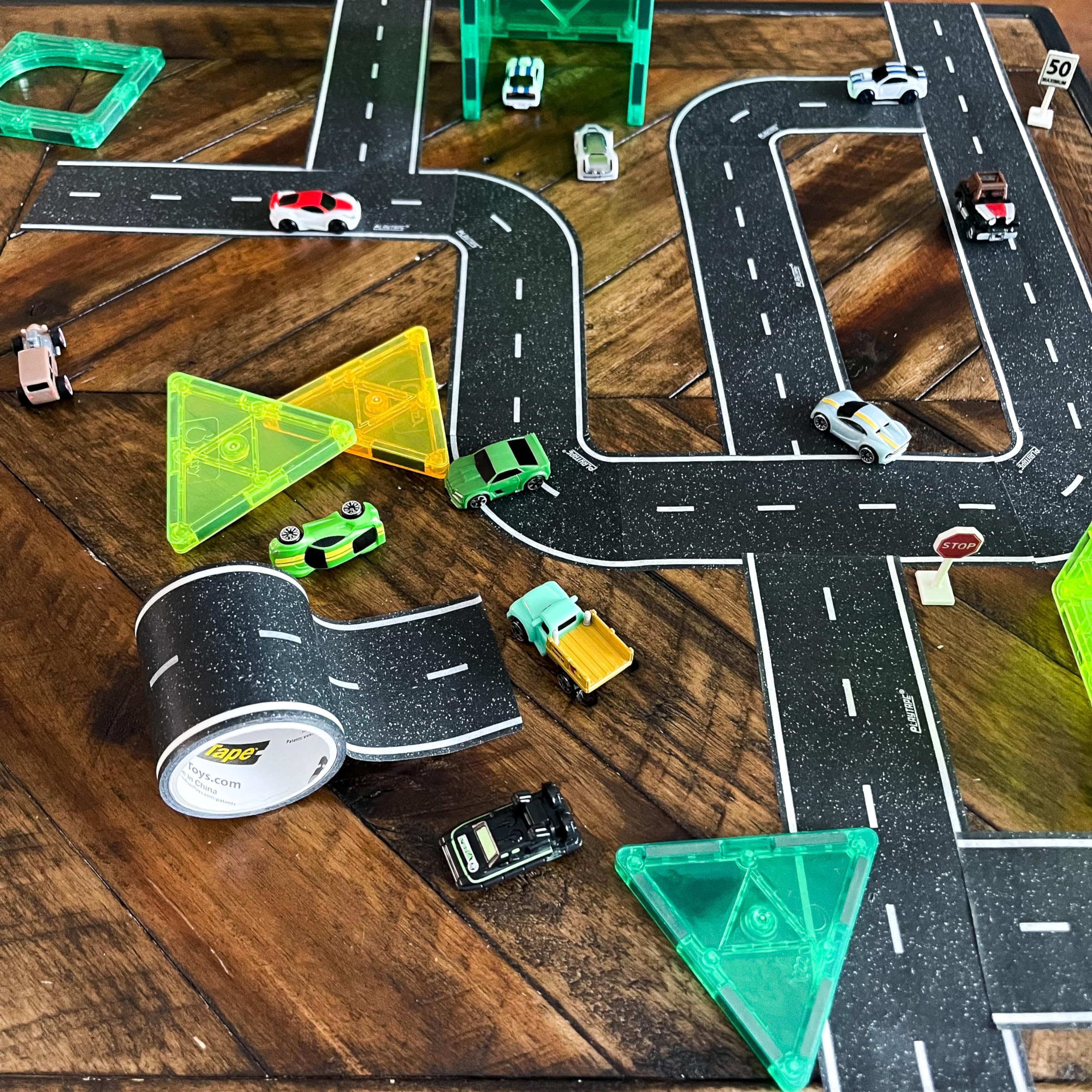 PlayTape kid-friendly road layout on floor supports creative play.