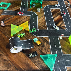 PlayTape kid-friendly road layout on floor supports creative play.