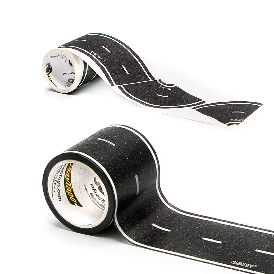 PlayTape road tape on floor for quick, mess-free road building with toy cars.