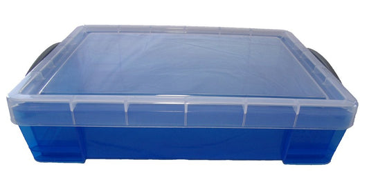 PlayTherapySupply blue translucent sand tray with locked lid demonstrates secure transport for on-site sessions.