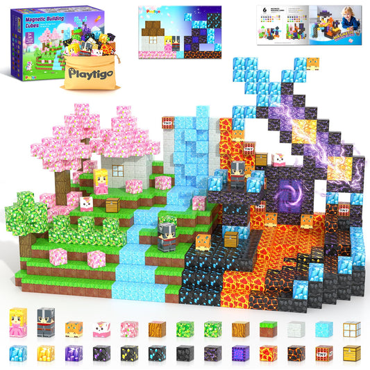 Playtigo 154pcs magnetic blocks form forest scene, sparking imaginative play.