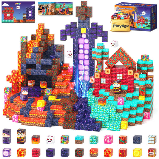 Playtigo 154PCS magnetic blocks on a magnetic board for creative, frustration-free play.