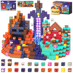 Playtigo 154PCS magnetic blocks on a magnetic board for creative, frustration-free play.