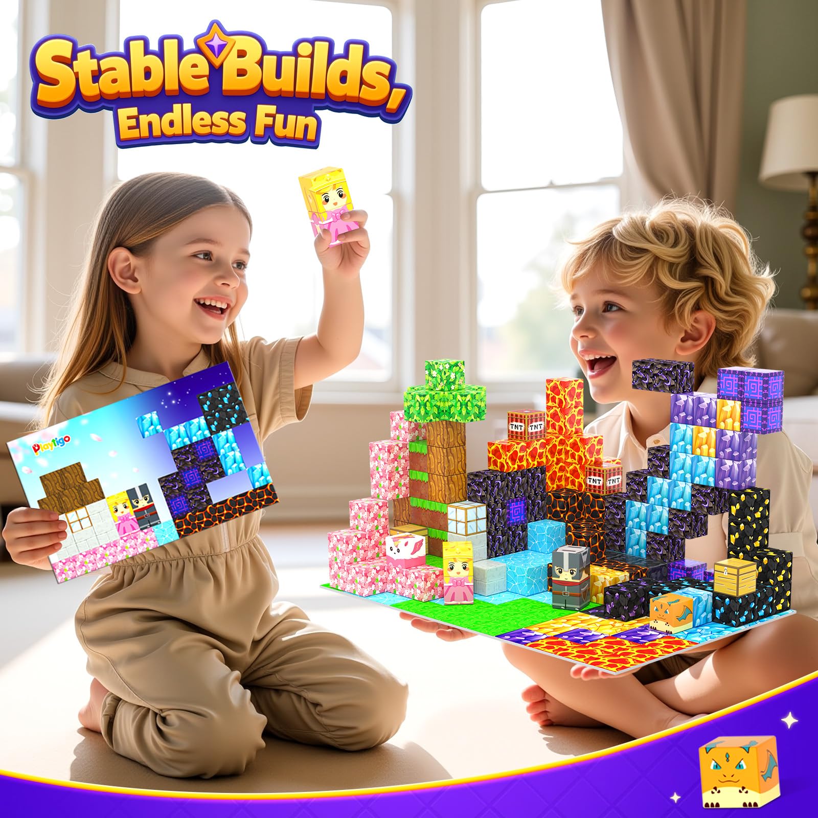 Kids build forest bridges and treasure chambers with Playtigo magnetic blocks.