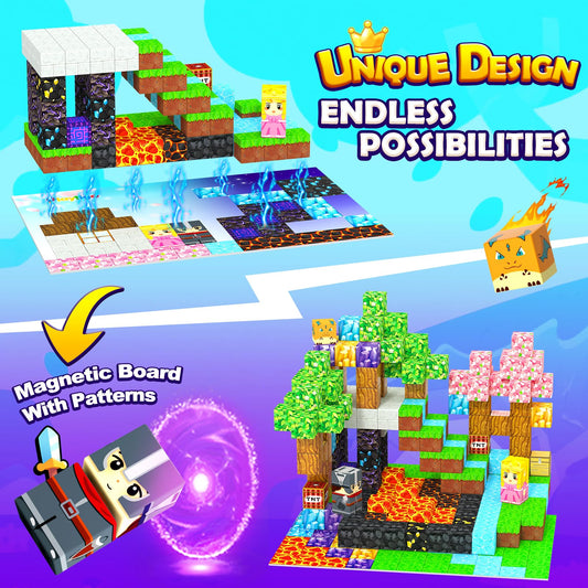 Playtigo double-sided magnetic board with grass and minerals for bigger builds.