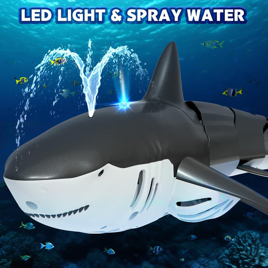 Playtigo shark pool toy showing dual motors for realistic swimming