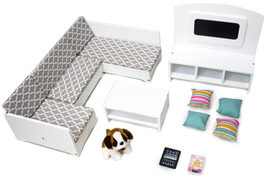 Playtime by Eimmie couch in a cozy living room for 18-inch dolls, encouraging imaginative storytelling