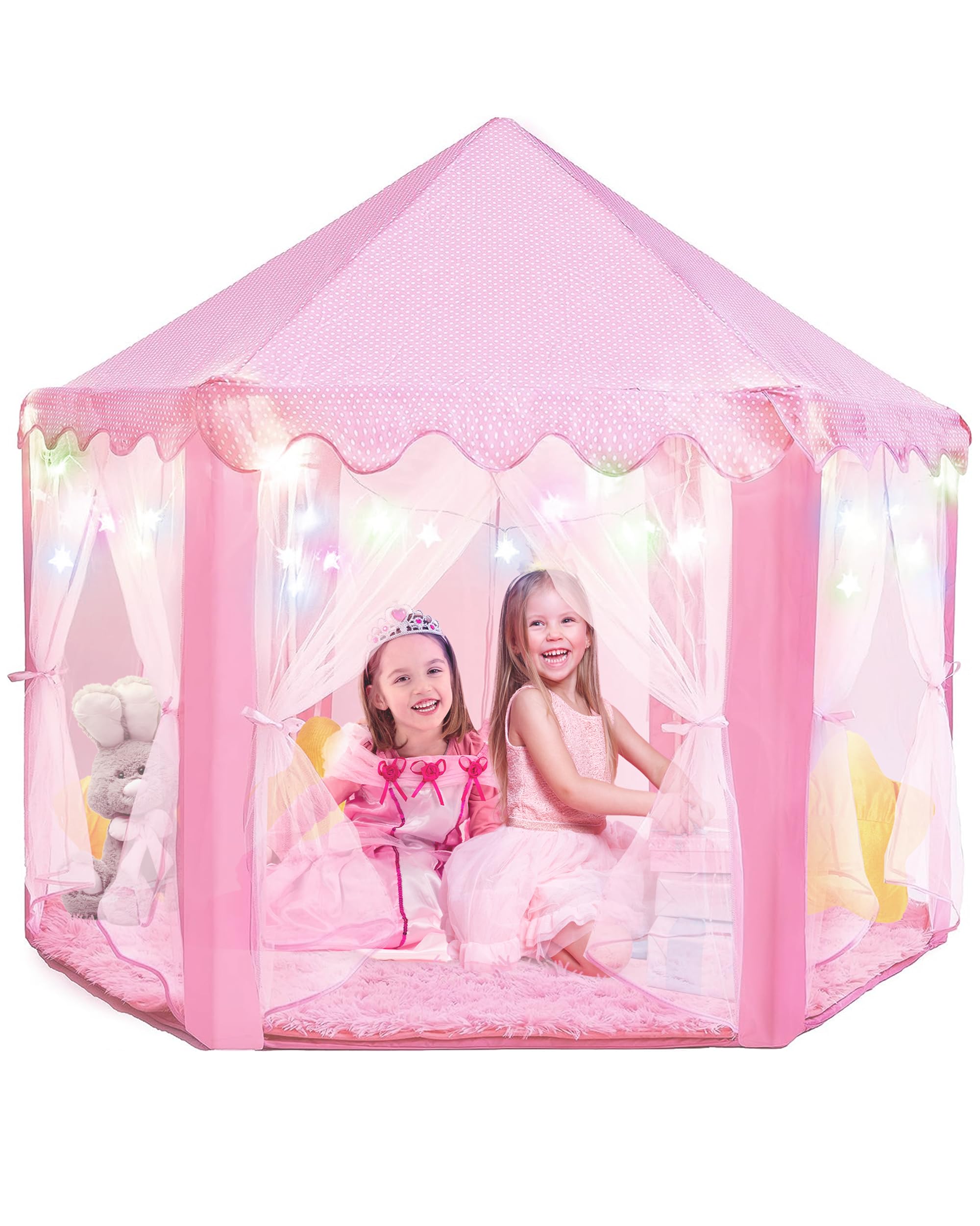 PLAYVIBE Princess Tent with starry lights for cozy indoor imagination.