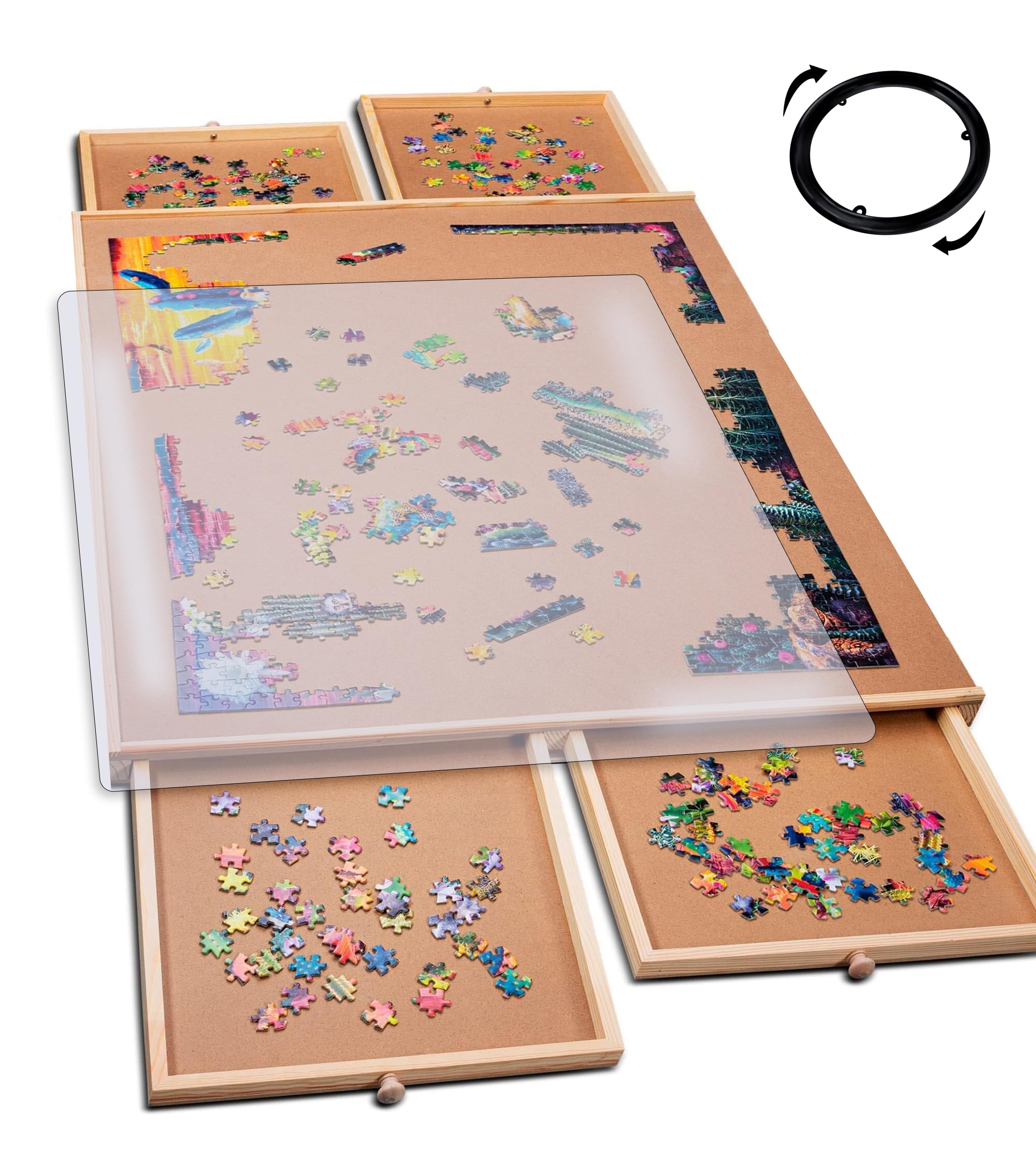 PlayVibe rotating puzzle board with cover on a table for winter puzzle sessions