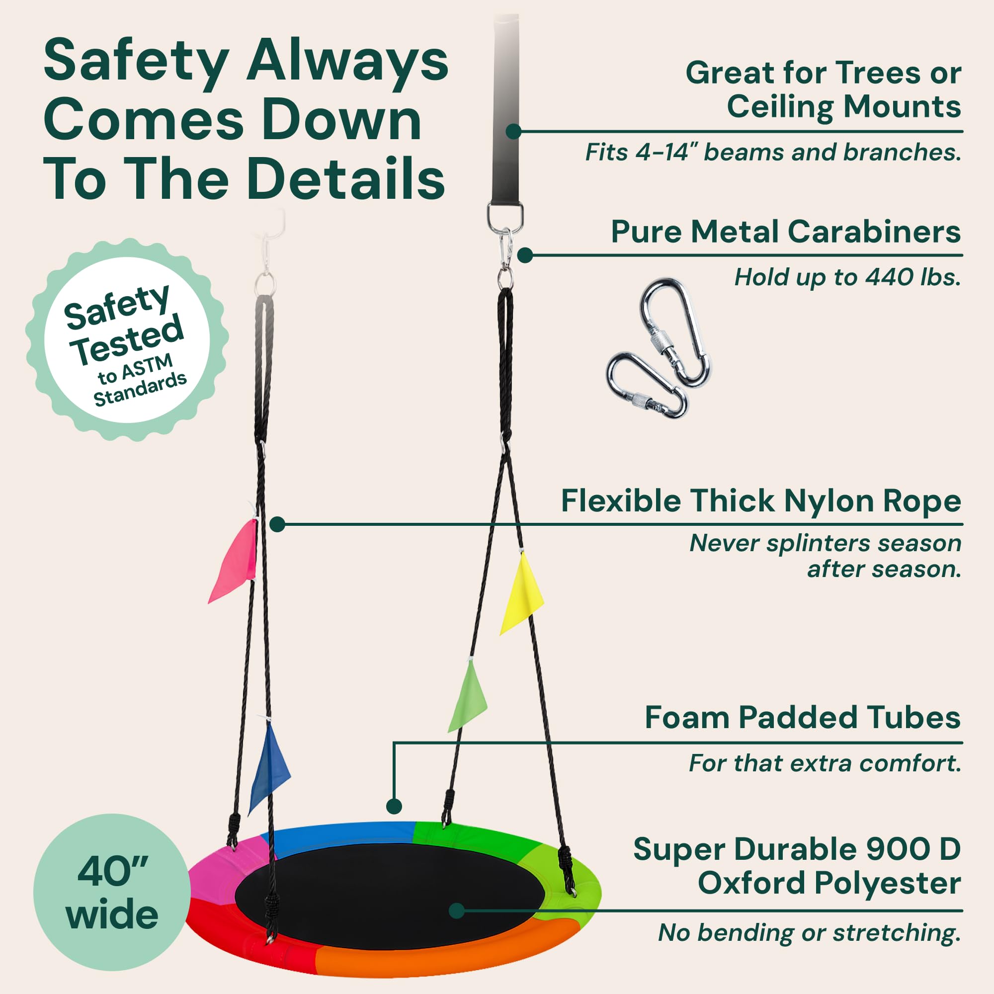 Sturdy steel frame of the PLAYVIBE 40-inch swing supports up to 440 lb.