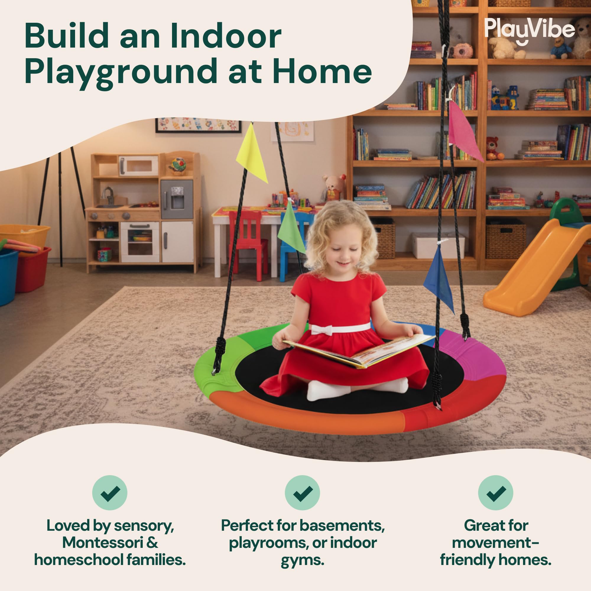 Colorful Oxford fabric seat provides comfort during active play.