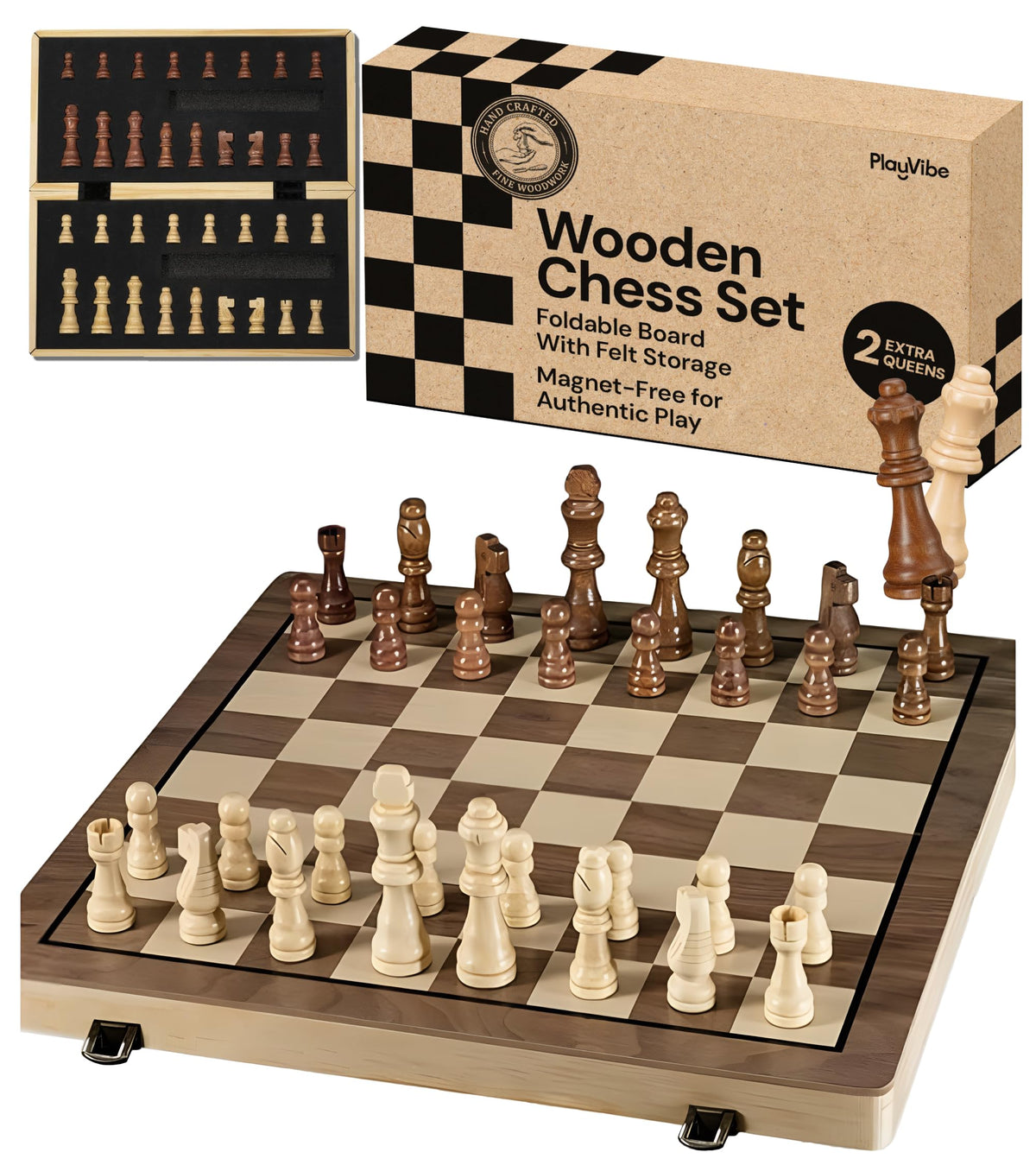 PlayVibe wooden chess board folded for compact storage and easy transport.