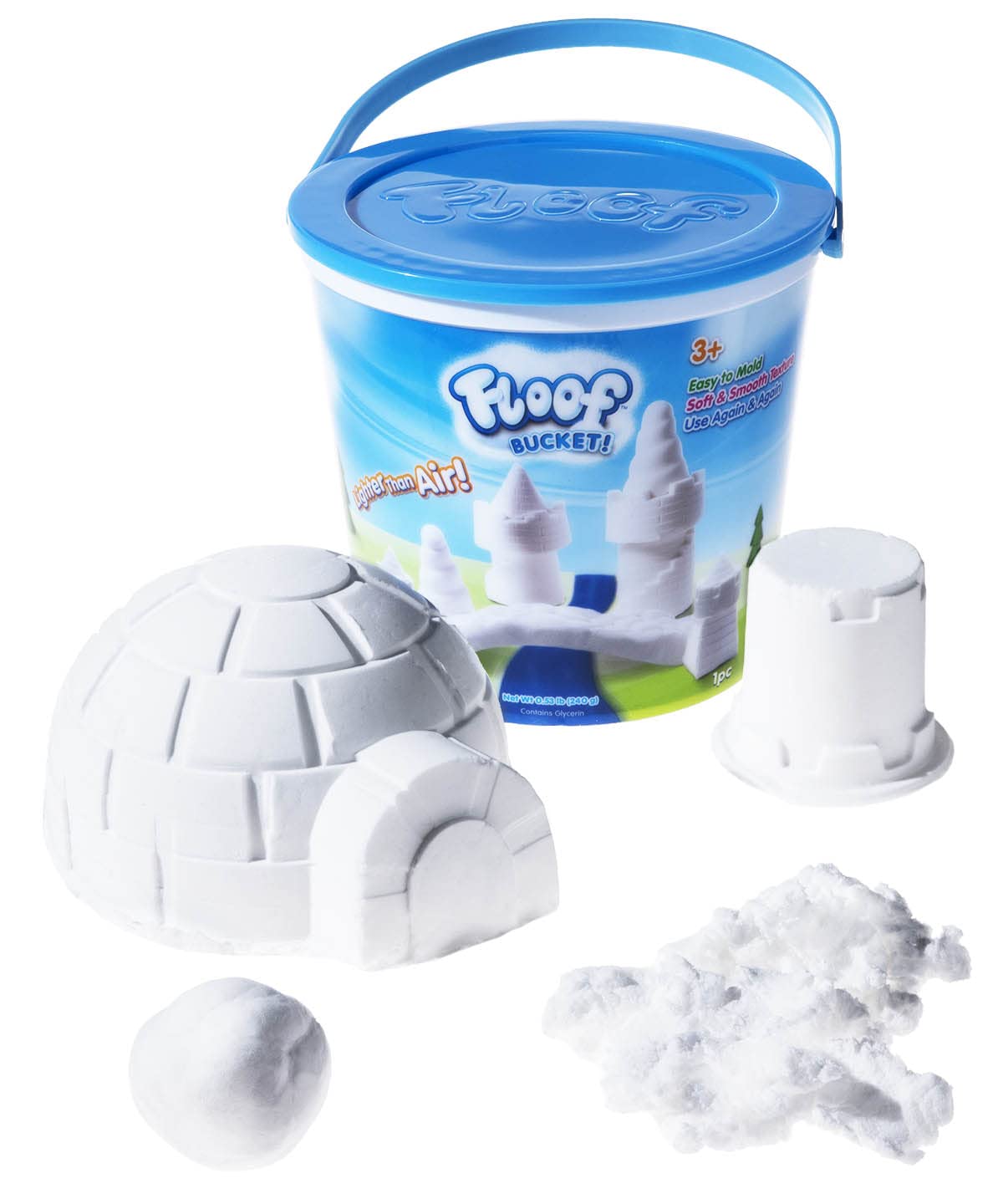Play Visions Floof bucket open showing soft reusable indoor snow ready for play