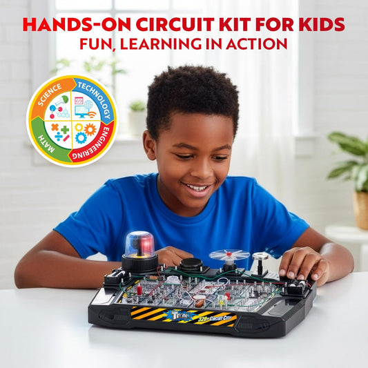 Playz 328-experiments kit close-up highlights wiring and components for exploration.