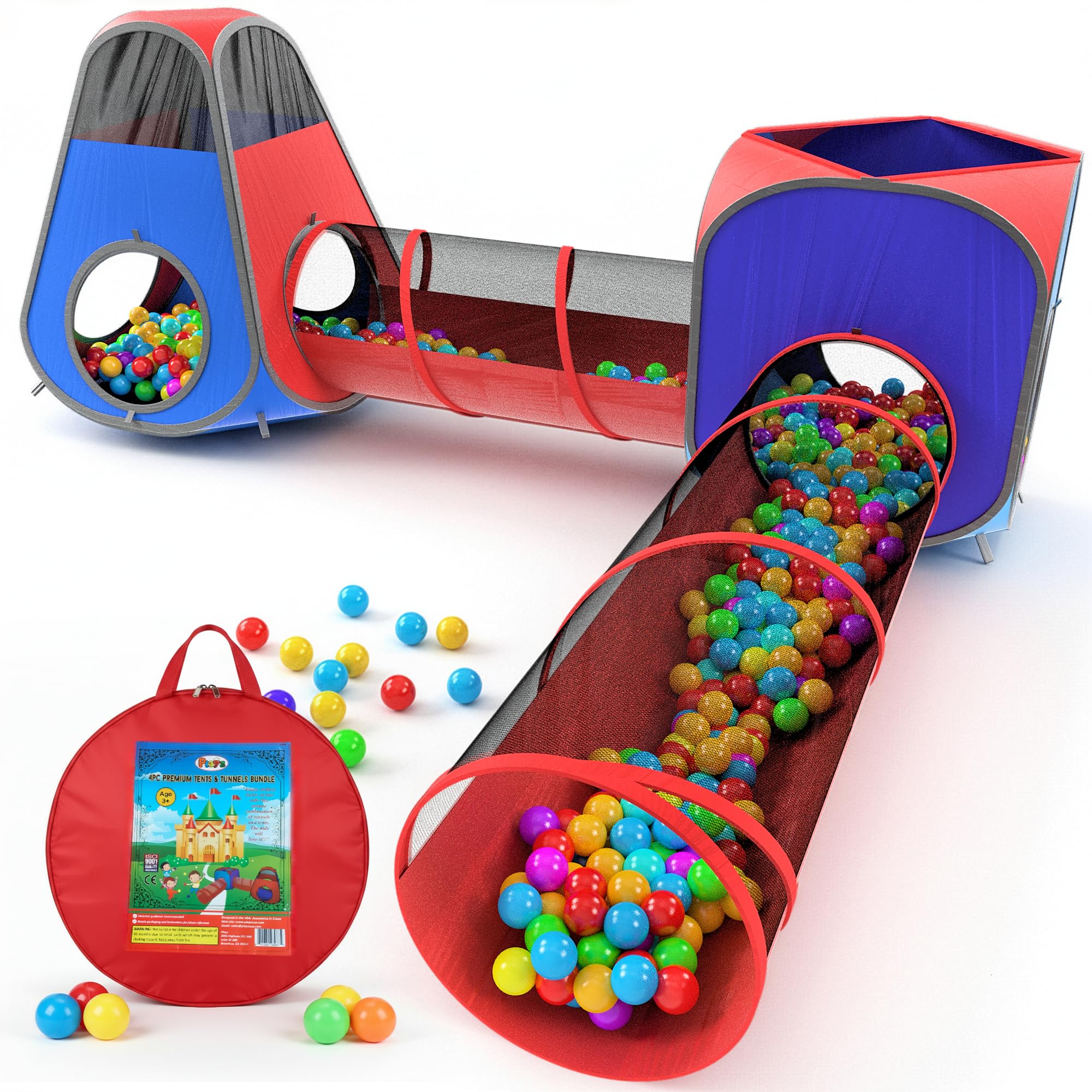 Playz 4pc pop-up play tent and tunnel bundle in red and blue sparks imaginative play