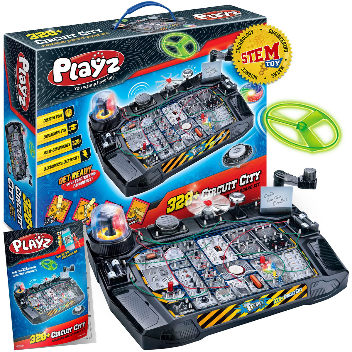 Playz Advanced circuit board front view showing hands-on electricity experiments.