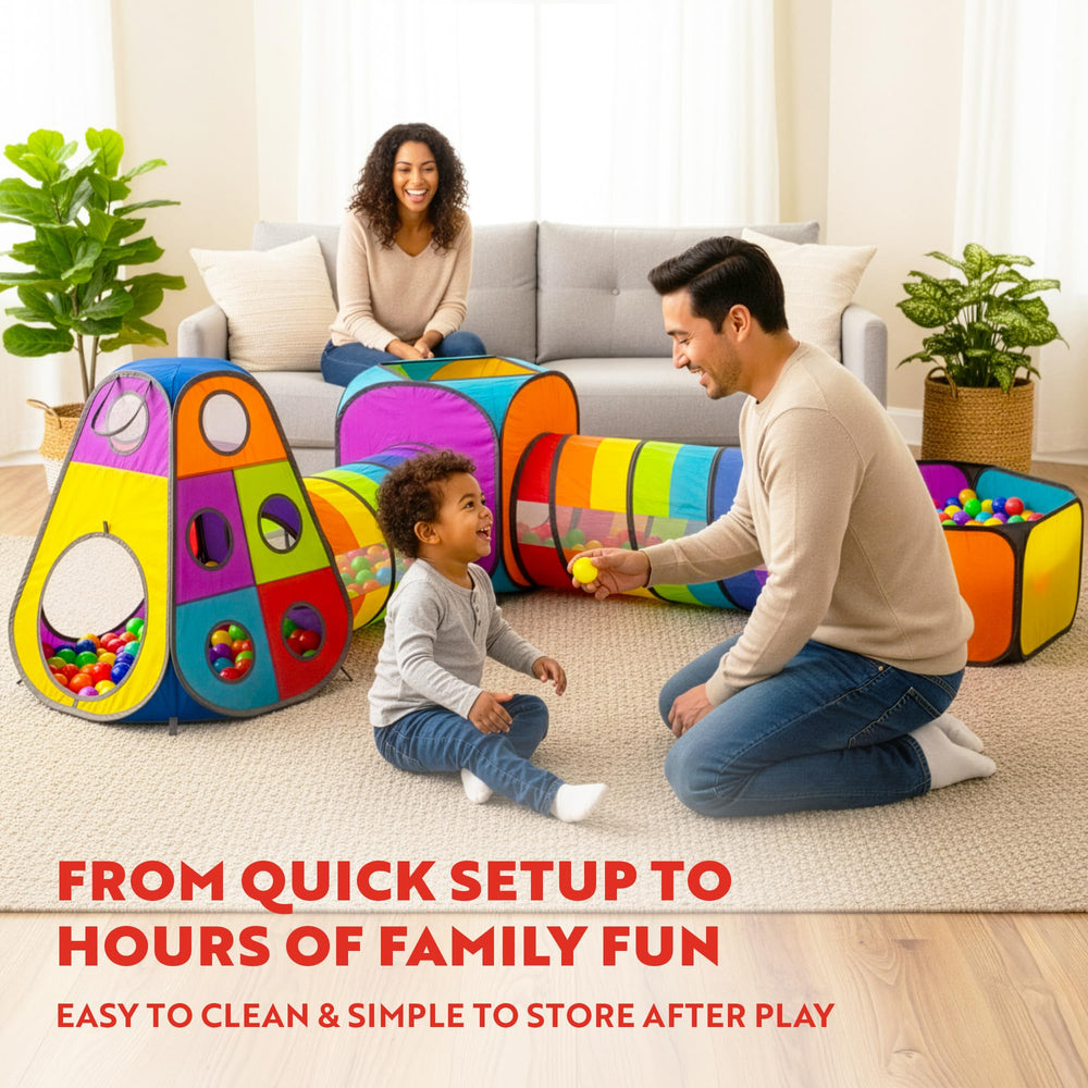 Playz ball pit setup with accessories creates a colorful play space.