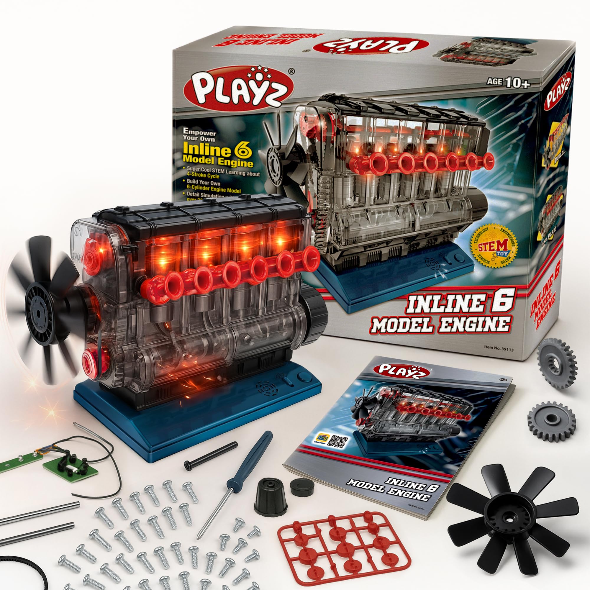 Playz Inline 6 engine model kit assembly demonstrates moving pistons for hands-on learning