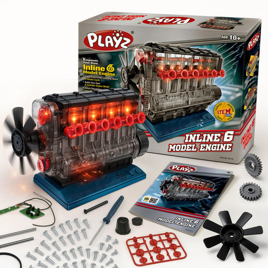 Playz Inline 6 engine model kit assembly demonstrates moving pistons for hands-on learning