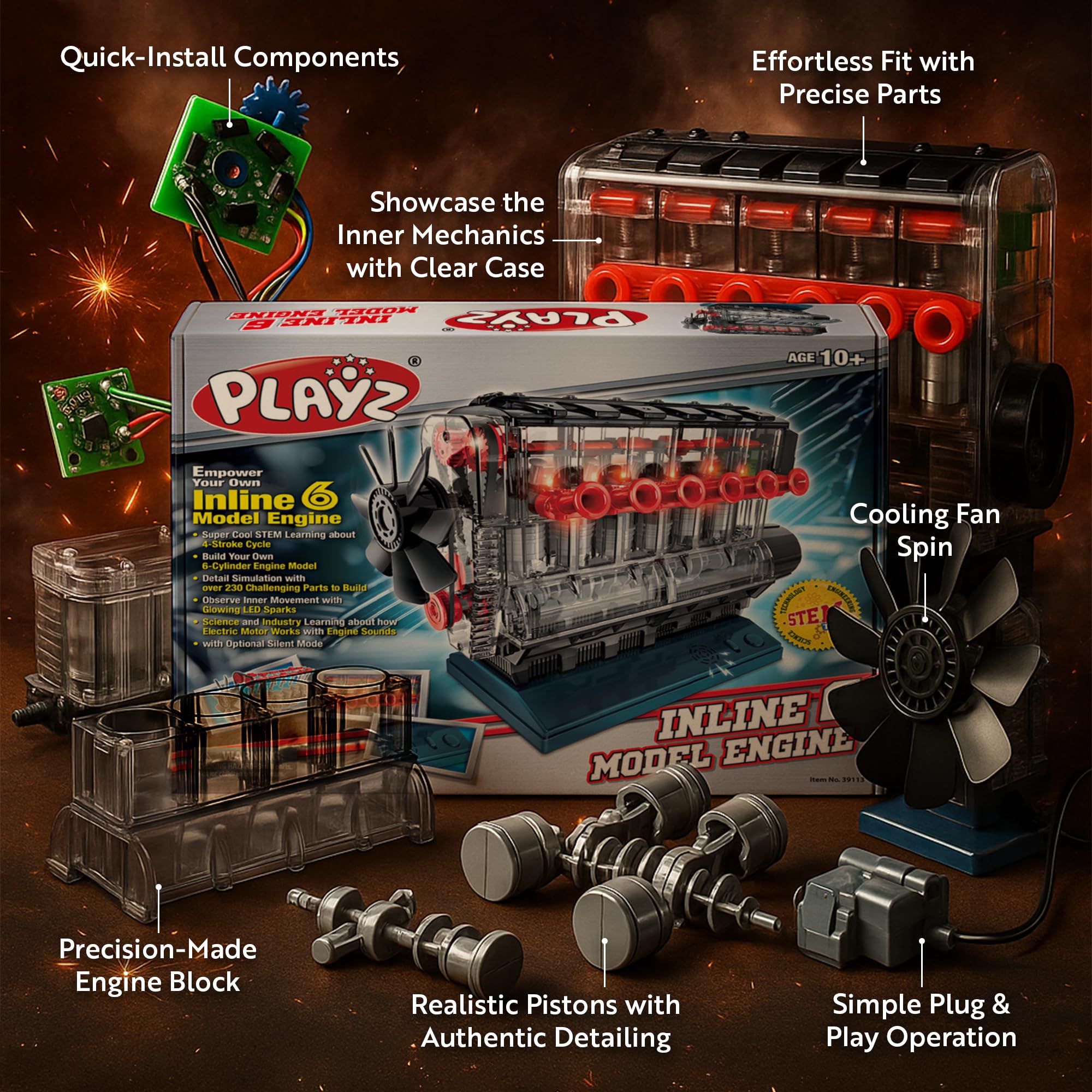Playz inline-6 engine model kit shows realistic crankshaft action for exploration