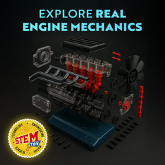 Playz inline-6 engine model kit image highlights cranks and belts for hands-on assembly