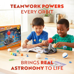 Playz solar system kit shows 4-speed motor in action for dynamic demos.