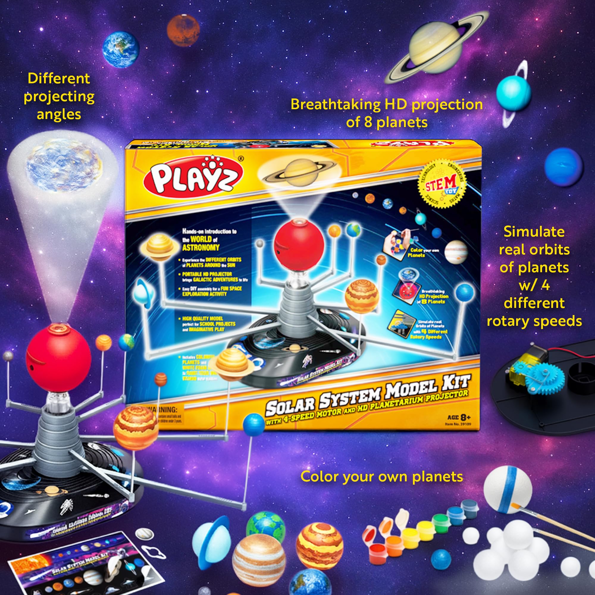 Paint set and brush enable kids to customize planetary visuals.