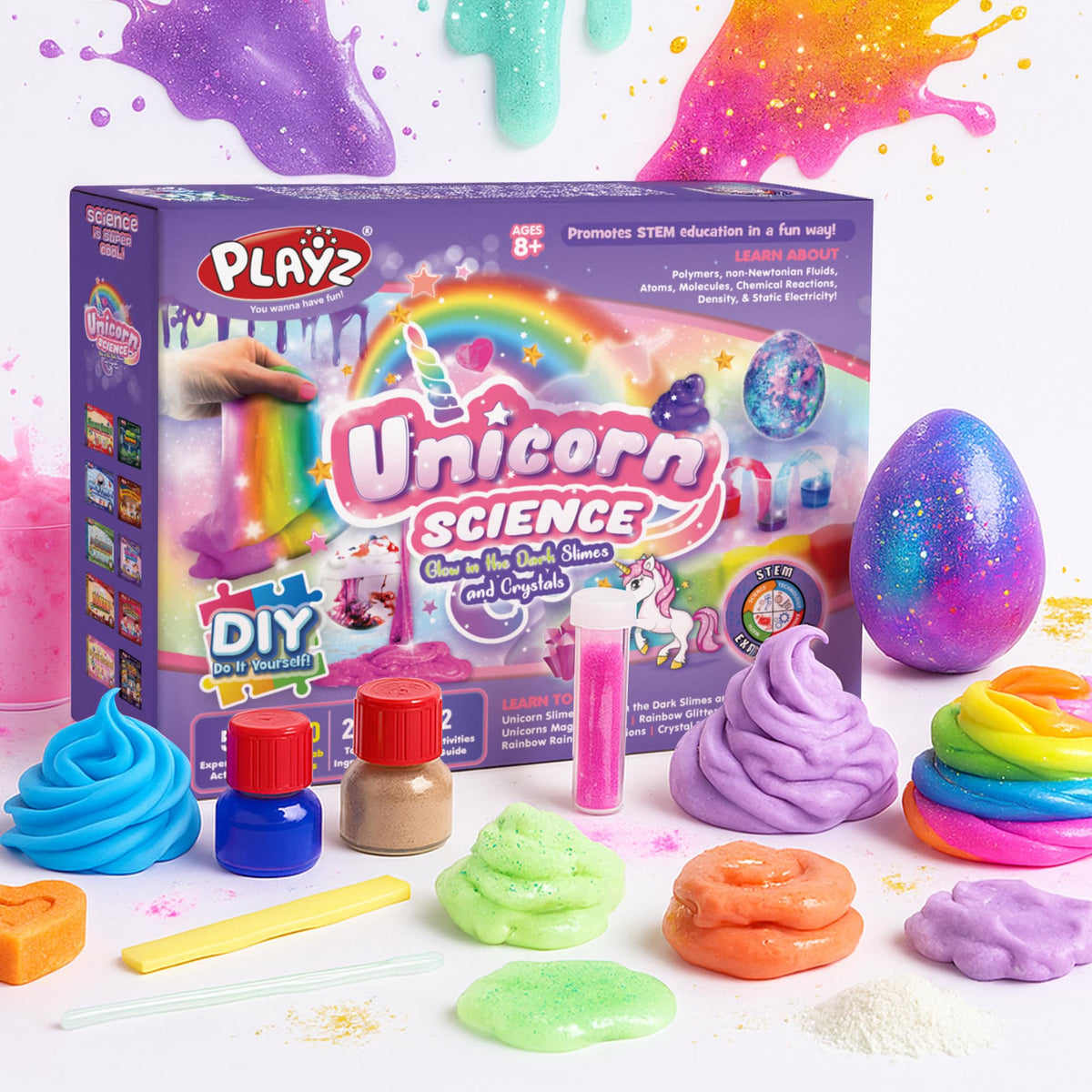 Playz Unicorn Slime and Crystals kit box contents for learning