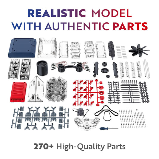 Playz V8 engine kit displays visible crank and belts for curiosity.