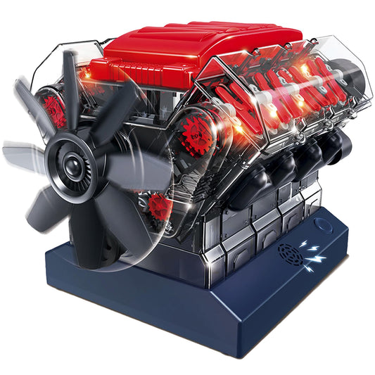 Playz V8 engine model kit shows pistons and cables for hands-on learning.