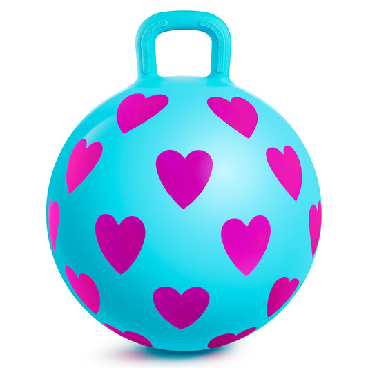PlayZap hopper ball with handle, blue base and pink hearts for indoor fun.