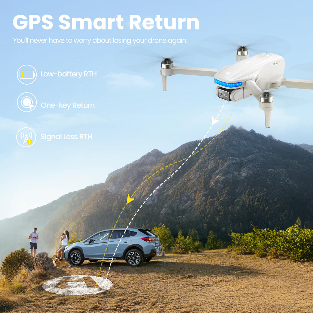 PLEGBLE PL715 drone in flight with GPS auto return safety