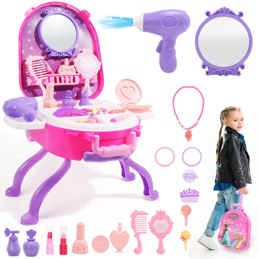Plintone 4-in-1 vanity table for kids with organized storage and pretend beauty tools.