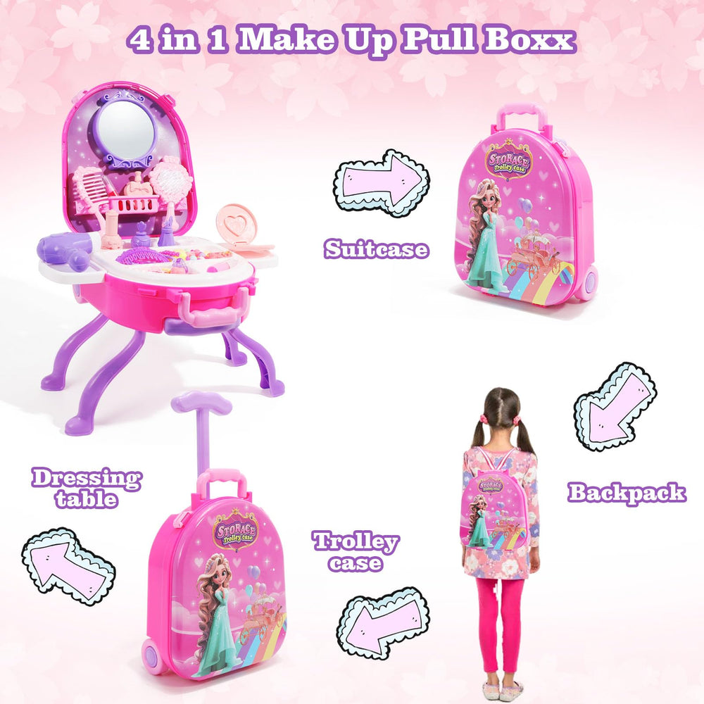 Plintone vanity set featuring backpack and suitcase for portable pretend play.