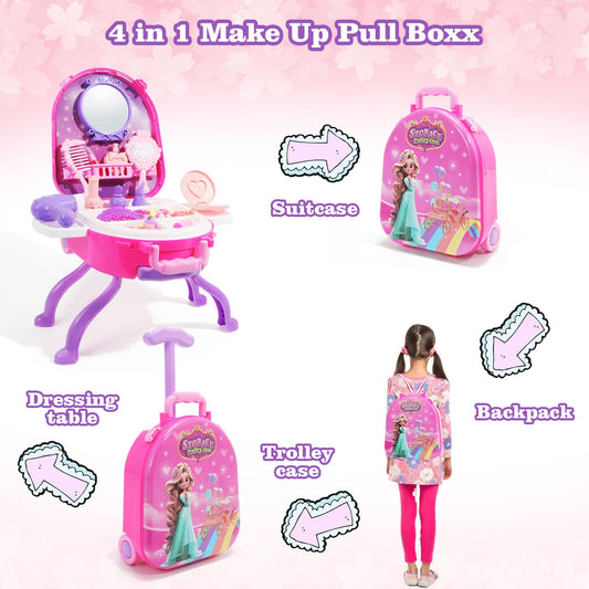 Plintone vanity set featuring backpack and suitcase for portable pretend play.