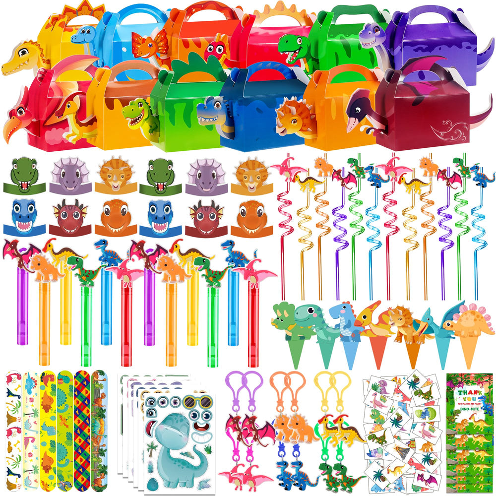 PLOUGVI dinosaur party favor kit with 3D boxes for vibrant decor