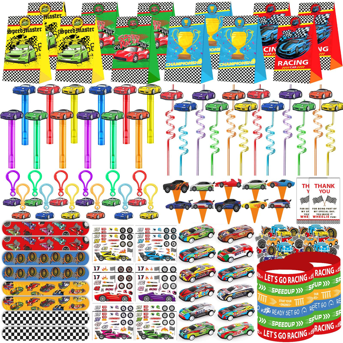 PLOUGVI race car favors pack for a themed birthday celebration.